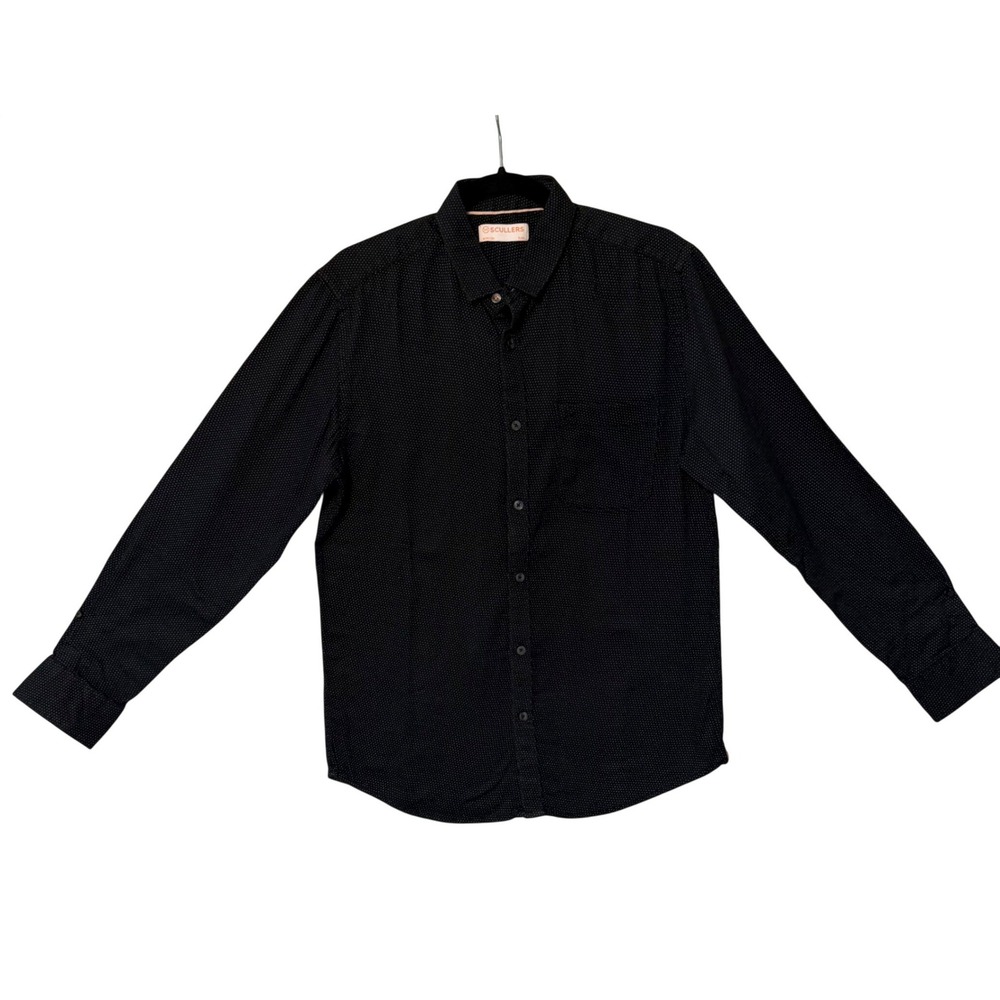 Scullers Button Down Shirt Mens Medium Black Micro‎ Dot Slim Fit Smart Casual